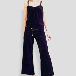 JUICY COUTURE Black Velour Wide Leg Romper Jumpsuit w Drawstring Waist Y2K